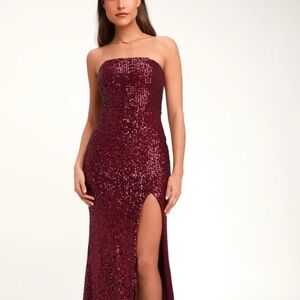 Lulu’s NWT Lavish Lover Wine Red Strapless Sequin Maxi Dress Size M